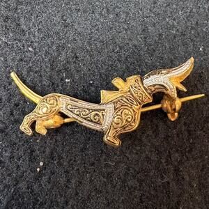 Vintage Spanish Damascene Dachshund Dog Brooch Gold Tone Made in Spain